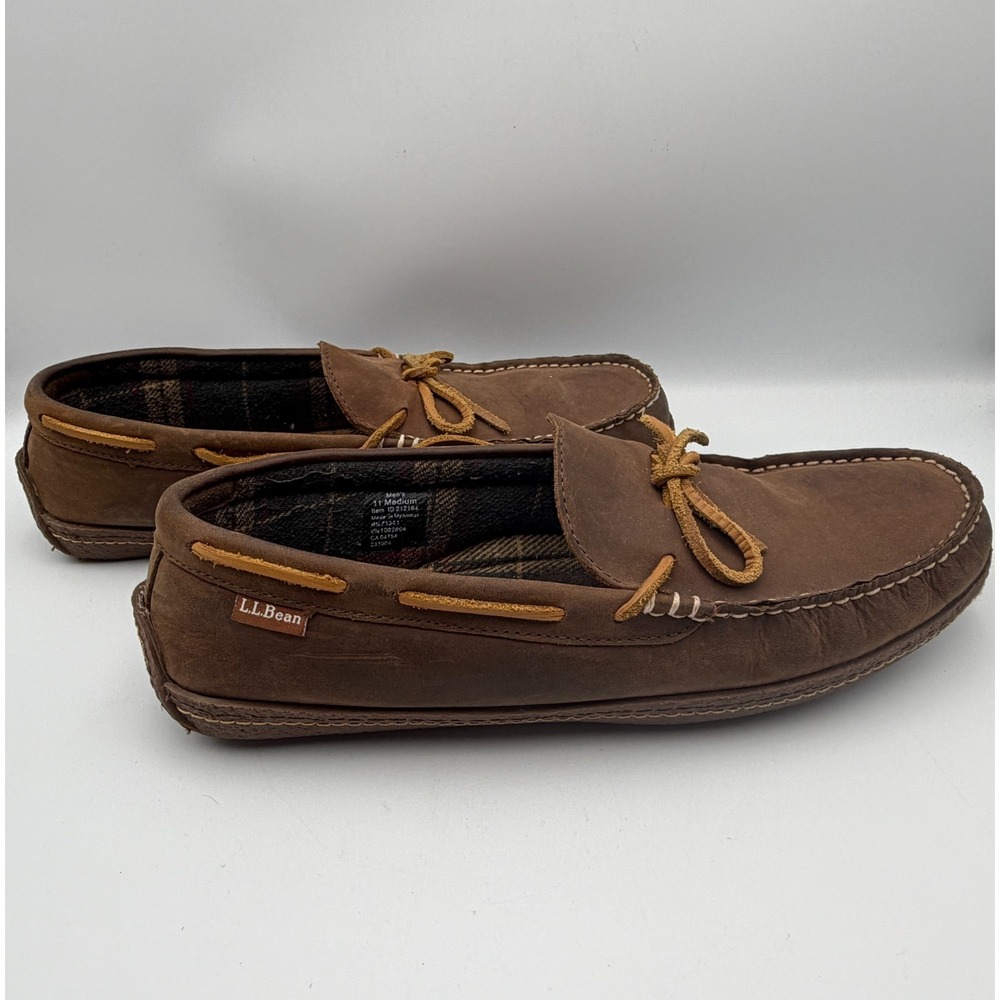 LL Bean Handsewn Slippers Flannel Lined Men's 11 Brown Moccasins Indoor Outdoor